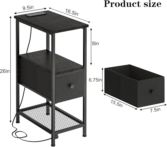 Fixwal Narrow Side Table with Charging Station and LED Light, Skinny Nightstand with 1 Fabric Drawer, Slim End Table for Bedroom, Dorm, Small Space, Black