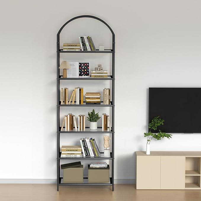 Homhedy Bookshelf Arched Display Racks,Metal Bookcase,Tempered Glass Shelves,Storage Rack Shelf for Home Office,Living Room,Bedroom, Bathroom,Modern Style (Black, 11.8" D x 23.6" W x 73.6" H)