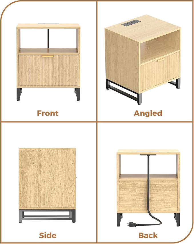 Fluted Night Stand with Charging Station, Wood Nightstand with Large Drawer and Open Storage Cabinet, Mid-Century Modern Bedside Table End Table for Bedroom Closet Office