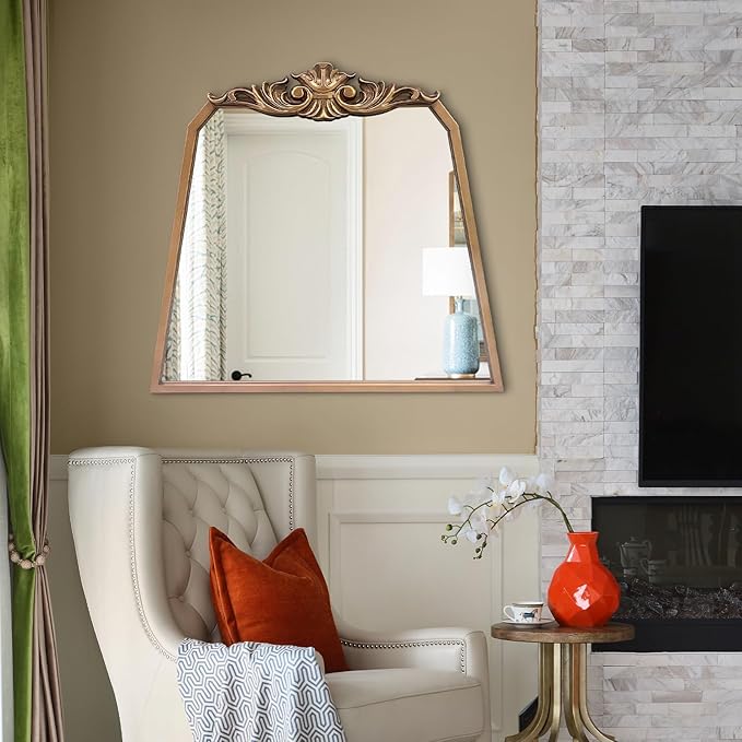 POZINO Gold Arch Mirror, 30"x35" Antique Mirror with Ornate Crown Molding, Vintage Decorative Mirrors for Bathroom Bedroom Entryway Fireplace Living Room