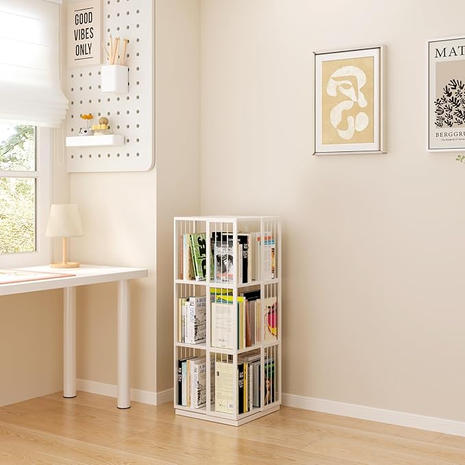 Square Rotating Bookshelf Tower - 360 Spinning Display Corner Bookcase for Narrow Space, Modern 3-Tier Revolving Storage Shelf, White