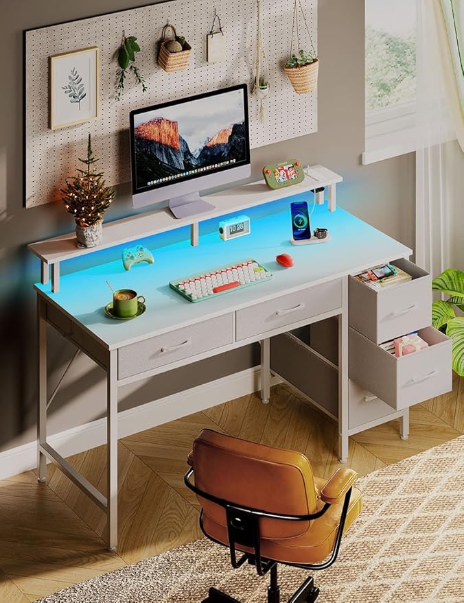 Seventable Computer Desk with Power Outlets & LED Light, 55 inch Home Office Desk with 5 Drawers, Writing Desk with Monitor Stand, Work Desk for Home Office, White
