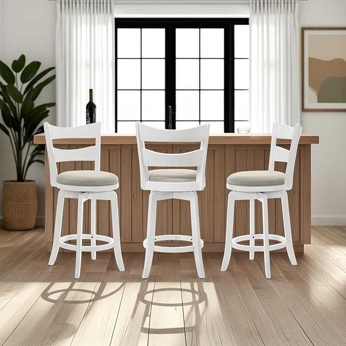 Armen Living Blair 30 in. Matte White Bar Height Rubberwood Swivel Barstool with Fog Fabric Seat - Set of 3