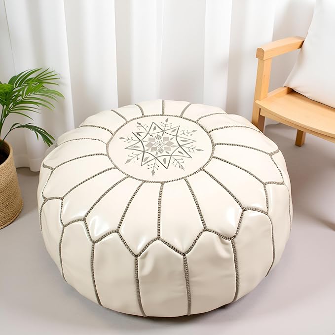 Stuffed Round Design Moroccan Leather Pouf Ottoman, Handmade, Pre-Filled, 100% Genuine Leather, 13” Height x 20” Diameter, Footstool & Living Room Décor (White with Grey Stitches)