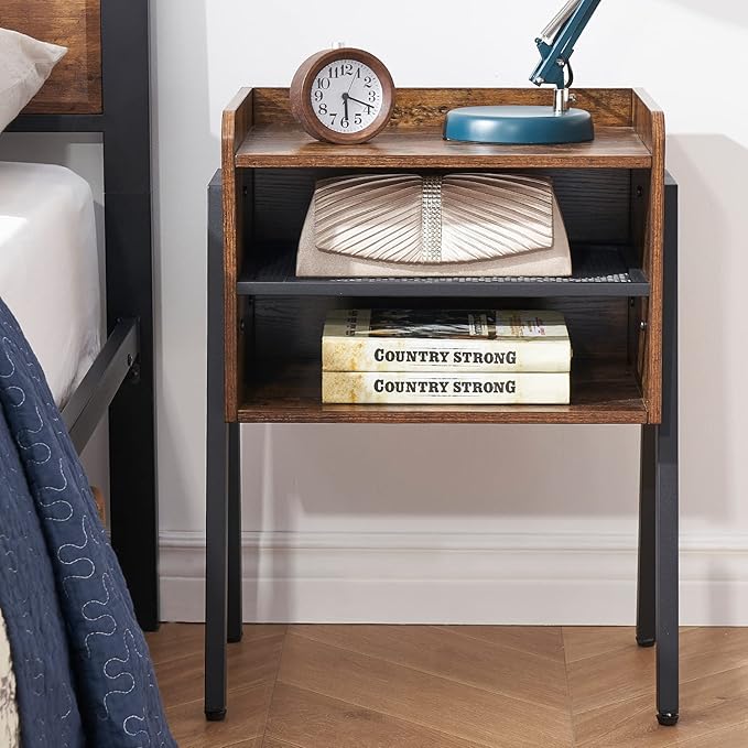 VECELO Nightstand Set of 2,Industrial End Table,Bedside Table with 2-Tier Open Storage Shelves,Wood Side Table with Metal Frame for Bedroom, Living Room,Small Spaces