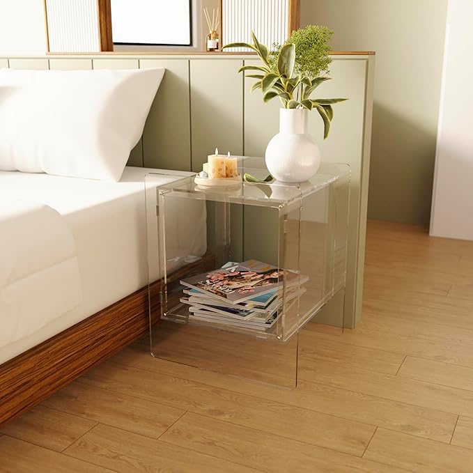 Clear Acrylic Night Stand, 22" Bed Side Table, Clear Acrylic Nightstand Table for Home Decor, Modern Bedroom Night Stand with Open Storage Perfect for Skincare Bags Collectible Figures & Books