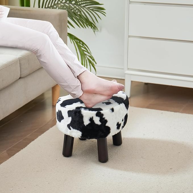 Small Footstool with Handle, Faux Fur Ottoman Foot Rest with Padded Seat, Curved Foot Stool with Wooden Legs, Portable Foot Rest for Living Room, Bedroom, Entryway, Cow