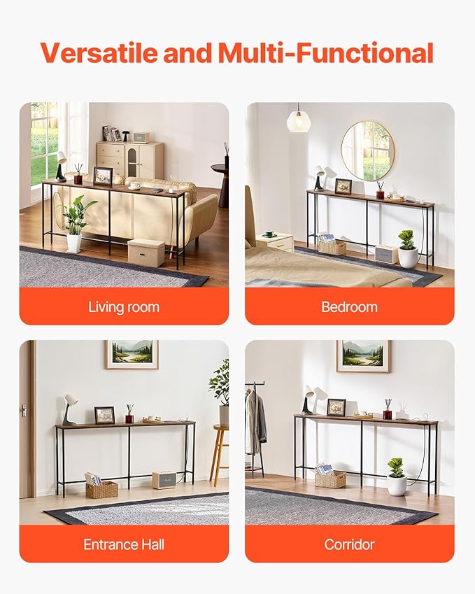 VEVOR Narrow Console Table, 70.9" Behind Couch Shelf with Power Outlets, 1-Tier Long Entryway Shelf, Narrow Sofa Table with Metal Frame and Charge Station, for Entryway, Hallway, Living Room