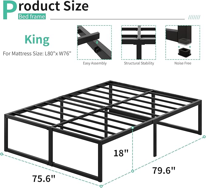 18 Inch King Bed Frame Sturdy Mattress Foundation, Heavy Duty Metal Platform with Steel Slats Support No Box Spring Needed, Noise Free, Easy Assembly, Black