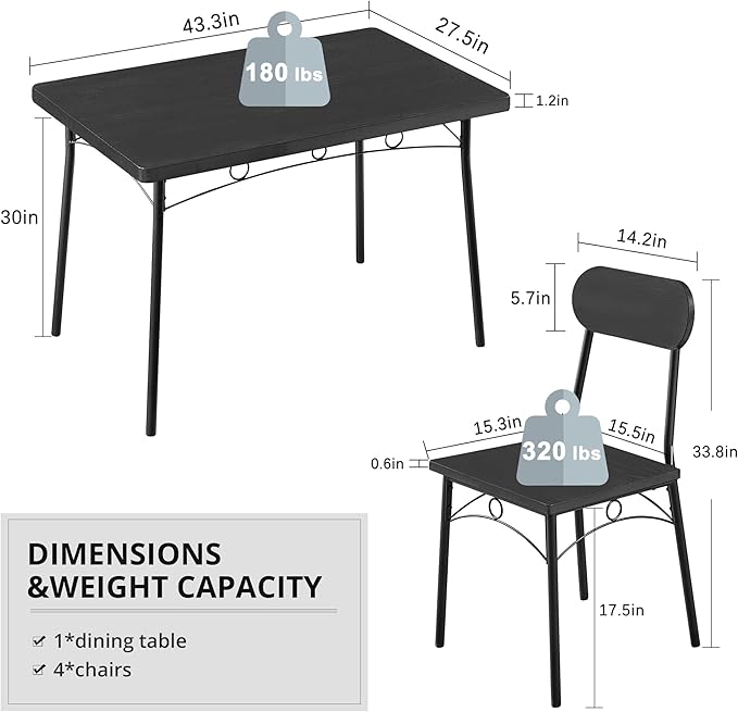 VECELO Dining Table Set for 4, 5 Piece Dinette with Chairs for Kitchen, Breakfast Nook and Small Space, Black