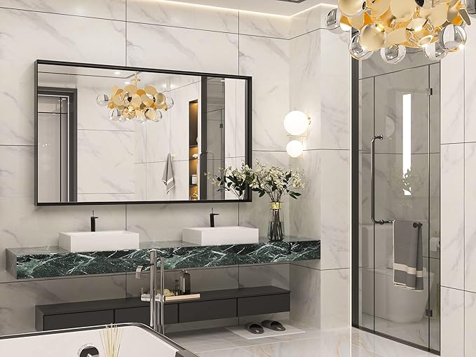 Keonjinn 60 x 36 Inch Black Bathroom Mirrors for Over Sink, Large Metal Framed Rectangle Vanity Mirror for Wall, Matte Black, Square Corner, Oversized, Sturdy & Solid(Horizontal/Vertical)