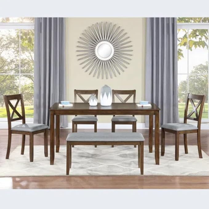 6-Piece Dining Table Set for 4-6 People, Kitchen Set with 4 Upholstered Chairs and One Bench, Living Room Chairs with X-Shape Backrest, Rectangular Wooden Table for Home Bar, Walnut