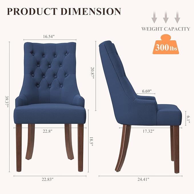 COLAMY Wingback Upholstered Dining Chairs Set of 2, Fabric Dining Room Chairs with Tufted Button, Living Room Chairs for Home Kitchen, Blue