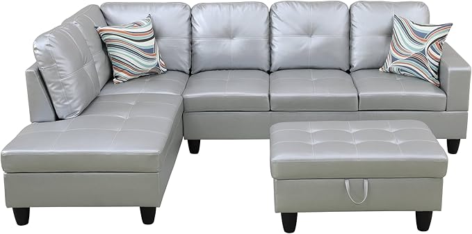 NicBex Sectional Couch 3 Pieces Sofa Set with Right Chaise Synthetic Leather L Shaped Cloud Couch for Living Room Furniture Sets with Storage Ottoman, Modular Sofa for Living Room & Apartment, Silver