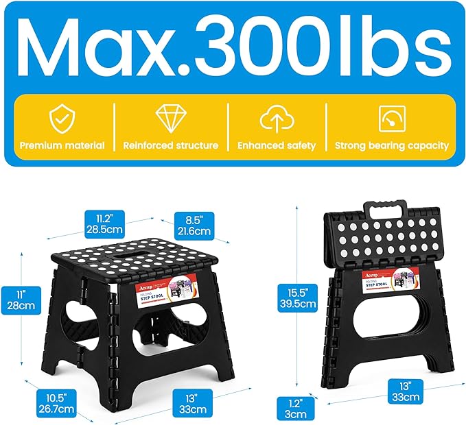 ACSTEP Folding Step Stool for Adults-11 Height Lightweight Plastic Stepping Stool. Foldable Step Stool Hold up to 300lbs Non Slip Collapsible Stool Black