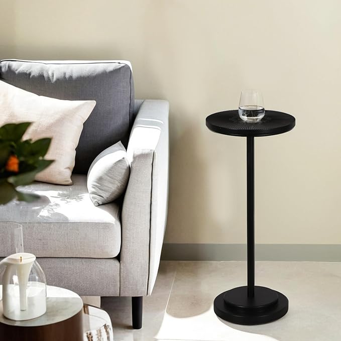 Drink Table, Carved Table Top Martini Table, Small Side Table, Weighted Base Pedestal Table for Living Room, Bedroom, Modern, Black, 1-Pack
