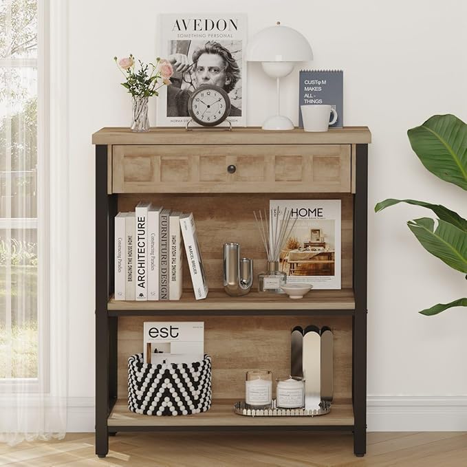 FATORRI Rustic Bookshelf with Drawer, Industrial Wood and Metal Bookcase, Small Short Book Shelf and Low Book case for Small Space (Rustic Oak)