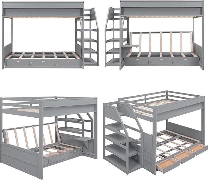 Full Size Wood Bunk Bed with Storage Staircase, Bedside Table, and 3 Drawers,Convertible Down BedFrame,No Box Spring Required,for Kids Boys Girls Teens, Gray
