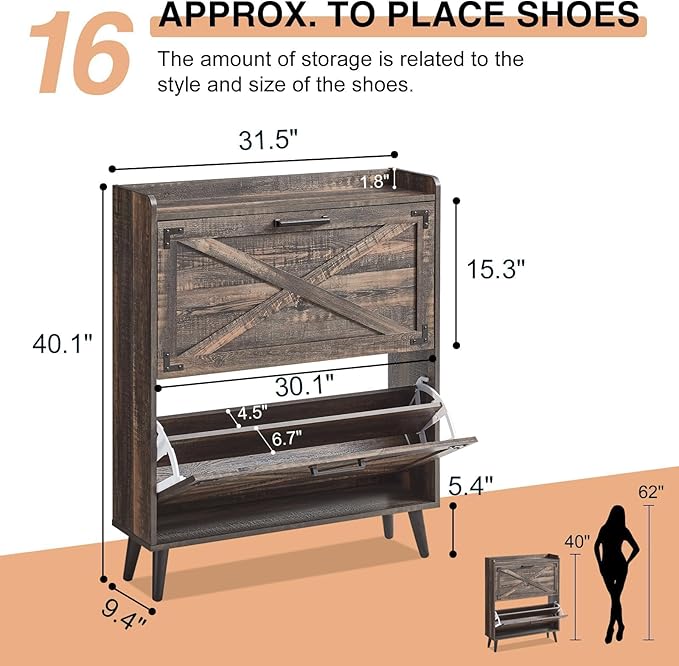 Shoe Storage Cabinet,Farmhouse Shoe Organizer with 2 Flip Drawers & Barn Door Design,Freestanding Hidden Slim Narrow Shoe Rack Cabinet for Entryway,Foyer,Hallway,Dark Oak