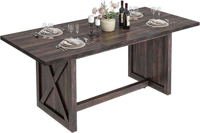 DWVO Farmhouse Large Dining Table for 6-8 People, 70.8 Inch Rectangular Wood Dining Table, Rustic Kitchen Dinner Table with X Solid Legs for Dining Room Grey