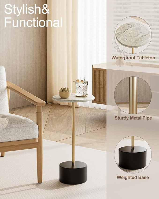 Drink Table Pedestal, Round Side Table, Drink Tables for Small Spaces, Pedestal End Table, Small Pedestal Table (Black Gold)