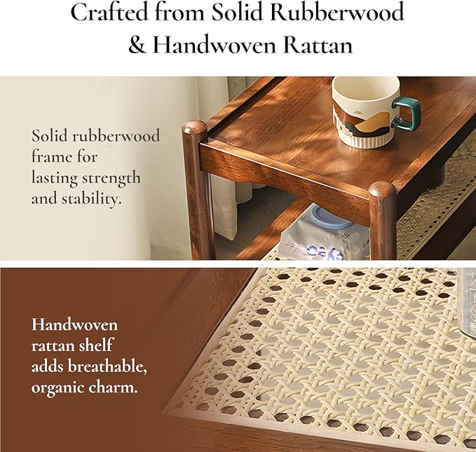 Rattan Side Table with Wheels, Small End Table with Storage, Narrow Wooden Bed Side Table for Living Room, Modern Slim Sofa Nightstand, 23.43" W*12.99" D*19.69" H, (Walnut)