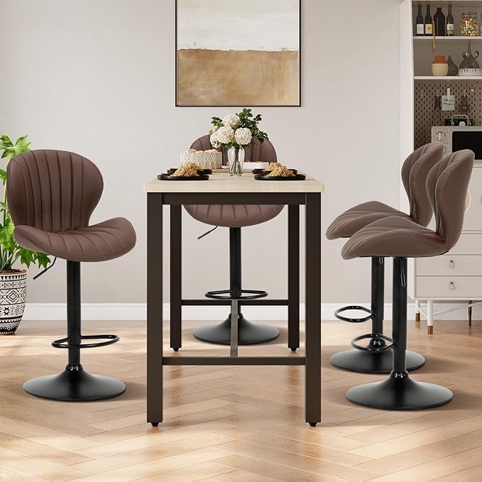 COLAMY Bar Stools Set of 2, Modern Swivel Bar Chairs, Adjustable Faux Leather Upholstered Barstools Counter Height with High Backrest for Bar, Kitchen Island, Dining Room, Brown