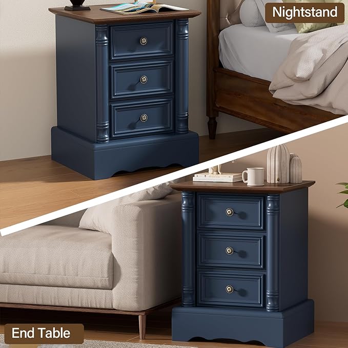 Nightstand with 3 Drawers, Rustic Night Stand 18' Wide Side Table with Storage, Mid-Century Modern Couch End Table with Vintage Handles, Small Dresser for Bedroom, Living Room, Indigo Blue