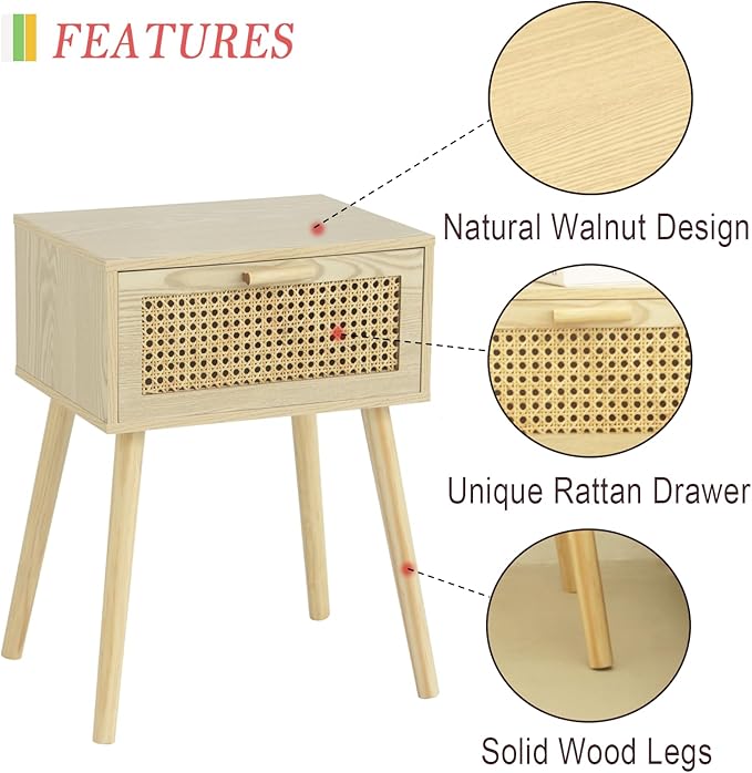 AWASEN Rattan Nightstand, Bedside Table with Rattan Drawer, Wood End Table with Storage and Solid Wood Legs for Bedroom Living Room Small Space (Walnut)