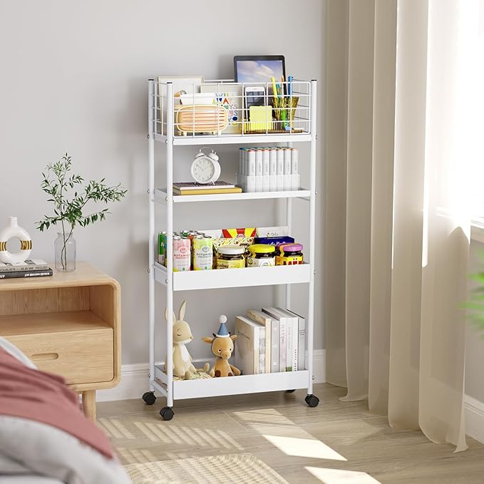 KINGRACK Slim Storage Cart, 4-Tier Metal Utility Rolling Cart with Wheels, Narrow Mobile Shelving Unit, Bathroom Storage Organizer, for Office, Kitchen Bathroom, Laundry Room, Narrow Places, White