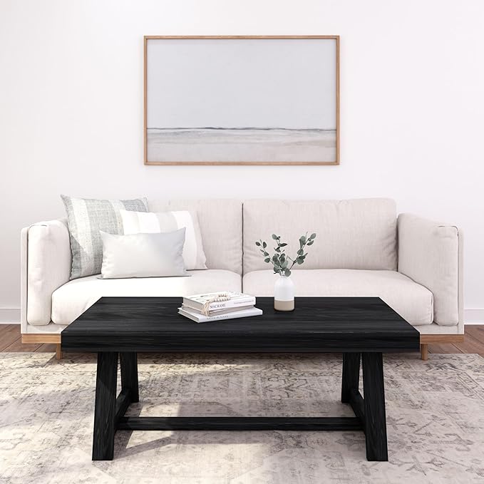 Plank+Beam Classic Rectangular Coffee Table, 48 Inch Farmhouse Coffee Table, Mini Center Tables for Small Spaces, Small Living Space Tea Table, Black Wirebrush