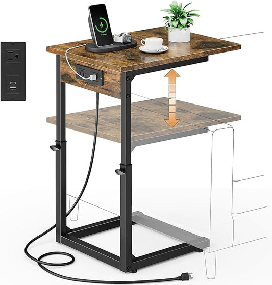 Vagusicc C Shaped End Table with Charging Station, 33" Tall Side Table for Couch, C Table Adjustable Height Small Couch Side Table, Slide Under Sofa Table TV Tray Table for Living Room, Bedroom, Brown