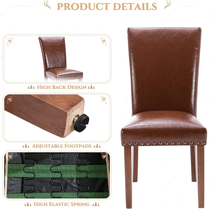 Parsons Dining Chairs Set of 6, Upholstered Nailhead PU Leather Dining Room Kitchen Side Chair with Thick Cushions and Wood Legs, Light Brown