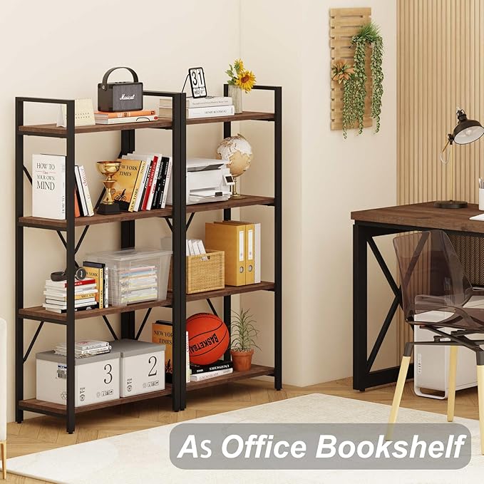 BON AUGURE Industrial 4 Tier Bookshelf, Modern Open Etagere Bookcase, Wood Metal Vintage Shelving Unit for Office Bedroom and Living Room, Heavy Duty Book Shelf (Rustic Oak)