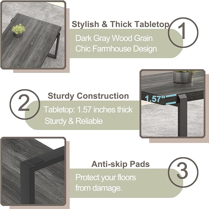 FOLUBAN Coffee Table, Modern Industrial Wood and Metal Center Table, Rectangle Cocktail Tea Table for Living Room, Dark Gray, 44 Inch
