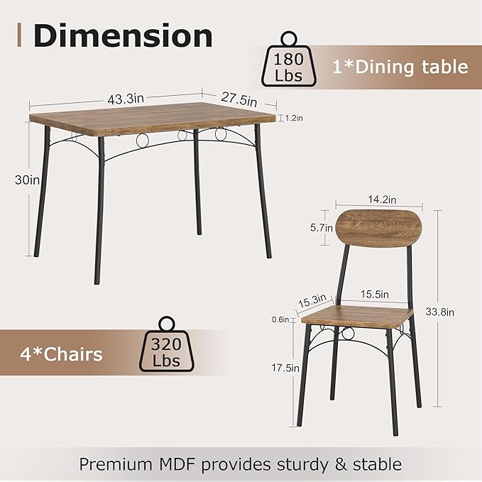 VECELO Dining Table Set for 4, 5-Piece Kitchen Table with 4 Chairs, MDF Board Tabletop with Metal Frame for Small Space, Compact Dinette, Breakfast Nook, Rustic Brown