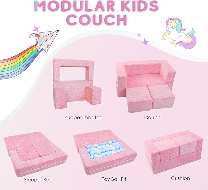 MeMoreCool Glow-in-The-Dark Unicorn Kids Modular Play Couch Sofa – Convertible Fold-Out Plush Foam Toddler Chair for Children’s Playroom
