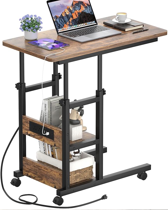 Height Adjustable End Table with Charging Station, Mobile C Shaped Laptop Side Table with Wheels, 3-Tier Sofa Couch Table with Storage Shelve for Living Room Bedroom, Rustic Brown