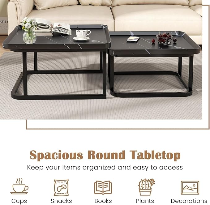Square Nesting Coffee Table Set of 2, 23.6"+19.7" Nesting Tables,Small Square Coffee Table with Fluted,Center Table for Living Room Bedroom Office Balcony Yard (Black)