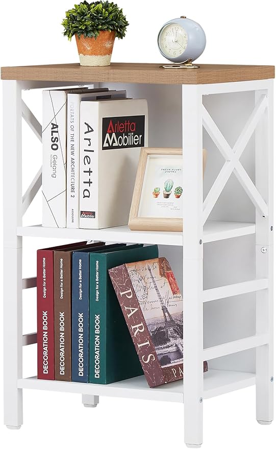 Small Bookshelf,3 Tier Industrial Bookcase with Metal Frame and Backboard,Low White Book Shelf,Book case for Small Spaces,Living Room,Bedroom and Home Office
