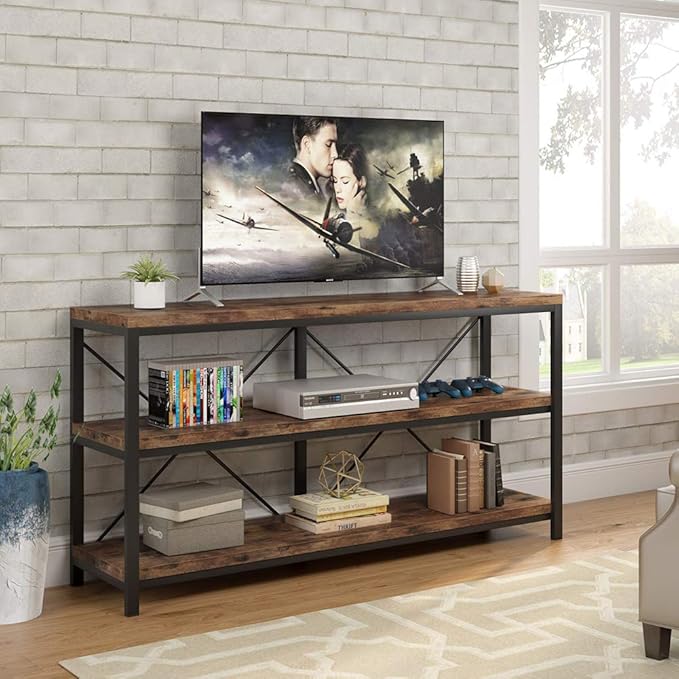 Tribesigns 55 Inches Long Sofa Table with Storage Shelves, 3 Tiers Industrial Rustic Console Table with Open Shelves, Three Decorative Shelf, Open TV Shelf for Living Room, Hallway, Book