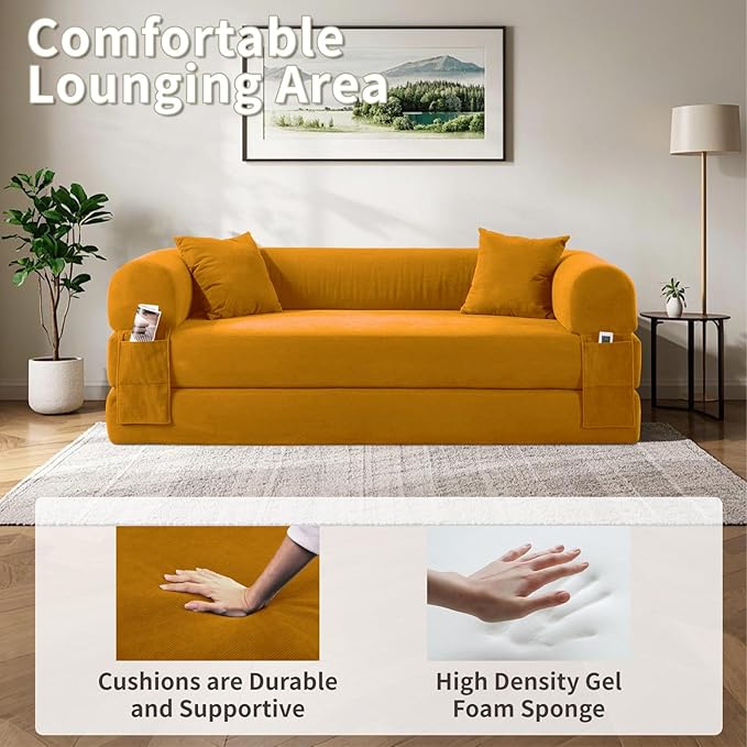 80" Convertible Sofa Bed, Corduroy Deep Seat Folding Pull Out Couch with Pillows, No Assembly Modern Boneless Couch Compression Sofa in Box, Floor Sofa with Storage Pocket for Living Room,Yellow