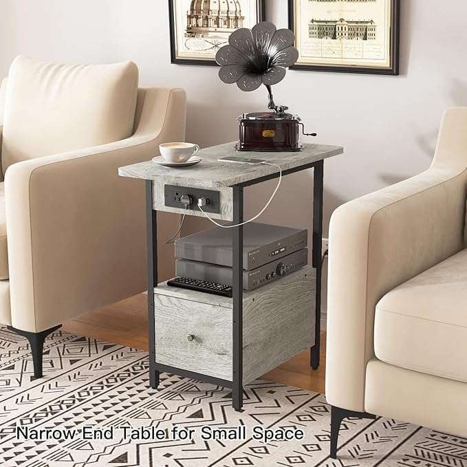 LIDYUK End Table with Charging Station, Narrow Side Table with Drawer and USB Ports & Power Outlets, Nightstand Bedside Tables for Small Spaces, Bedroom, Living Room, Light Grey