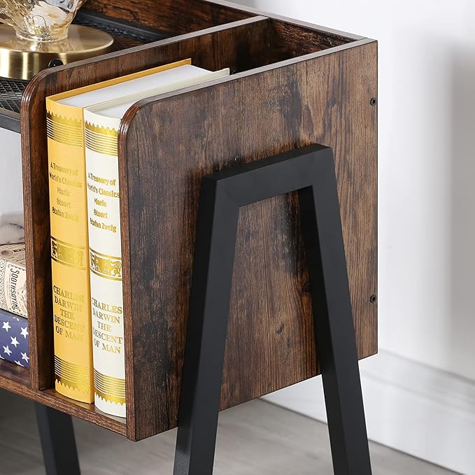 VECELO Nightstand Set of 2,Industrial End Table,Bedside Table with 2-Tier Open Storage Shelves,Wood Side Table with Metal Frame for Bedroom, Living Room,Small Spaces