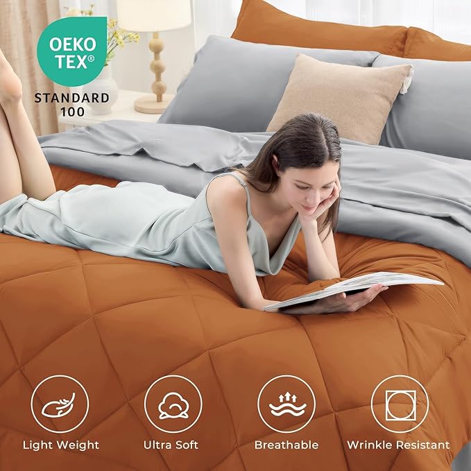 HEVUMYI Twin Comforter Set - 5-Piece All Season Bed in a Bag Twin, Ultra Soft Bedding Set with Comforter, Flat Sheet, Fitted Sheet, Pillowcases, Pillow Shams, Orange & Light Grey
