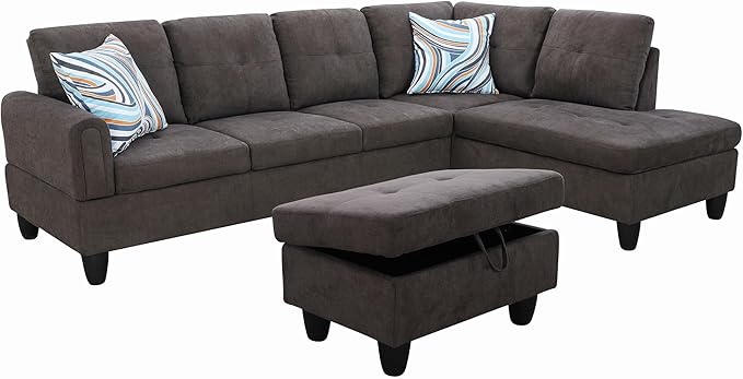 Couches for Living Room Modern L Shaped Couch Comfy Fluffy Fabric 3 Pieces Sectional Sofa with Chaise, Ottoman with Storage for Office and Small Apartment, Dark Brown