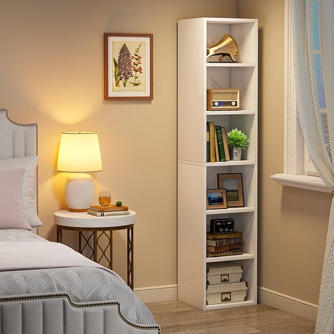 LITTLE TREE 70.9 Inch Tall Narrow Bookcase, Corner Bookshelf 6 Tier Cube Display Shelf Storage Organizer for Small Space, White