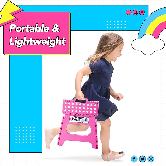 Delxo Folding Step Stool,11 Inch Non-Slip Foldable Step Stools,Portable Lightweight Small Folding Stool with Handle for Kitchen Bathroom in Pink,1 Pack