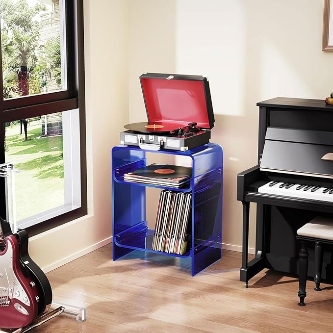 Acrylic Record Player Table with Storage Shelf, Clear Side Table Nightstand (Dark Blue)