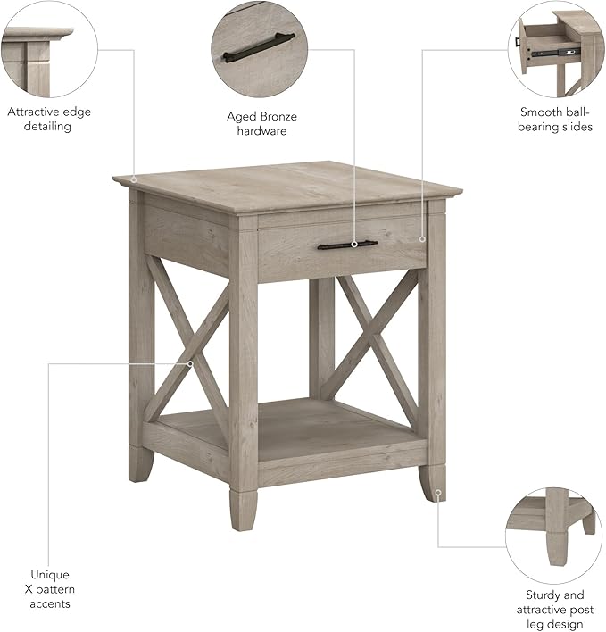 Bush Home End Table with Drawer, Nightstand with Storage, Living Room and Bedroom Furniture, Key West Collection, Washed Gray
